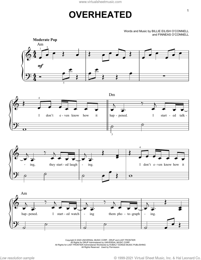 OverHeated sheet music for piano solo by Billie Eilish, easy skill level