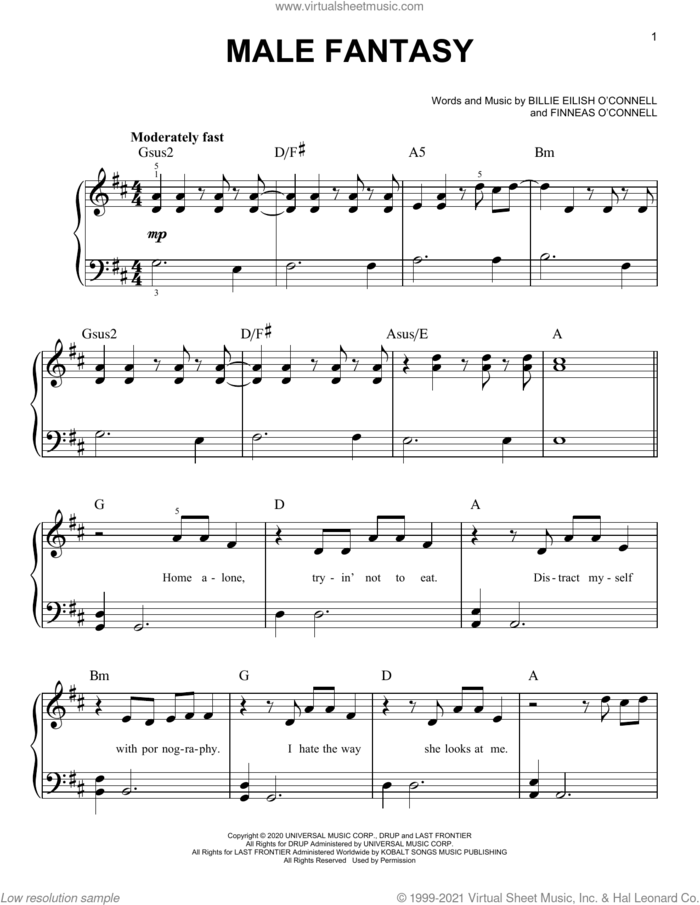 Male Fantasy sheet music for piano solo by Billie Eilish, easy skill level