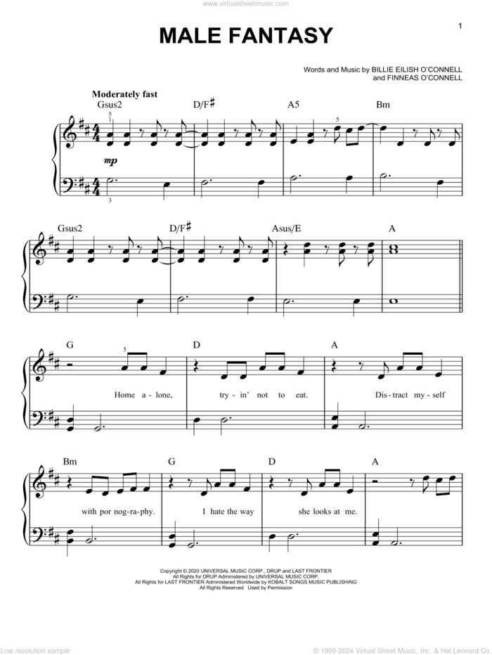 Male Fantasy sheet music for piano solo by Billie Eilish, easy skill level