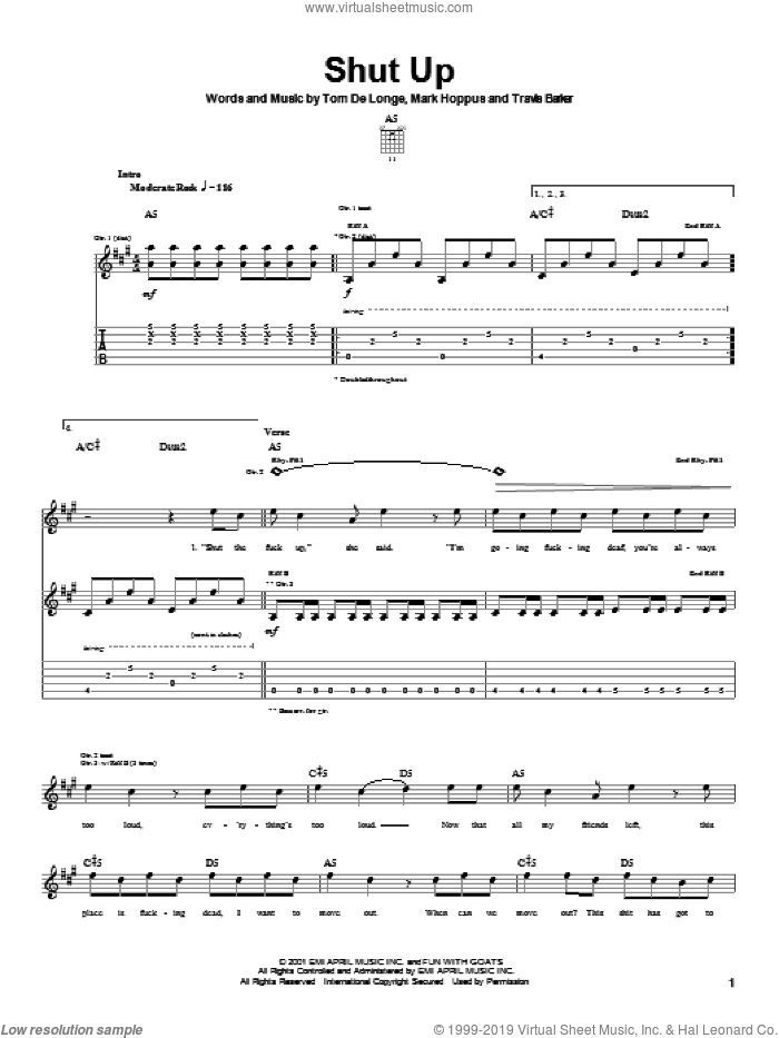 Shut Up sheet music for guitar (tablature) by Blink-182, Mark Hoppus, Tom DeLonge and Travis Barker, intermediate skill level