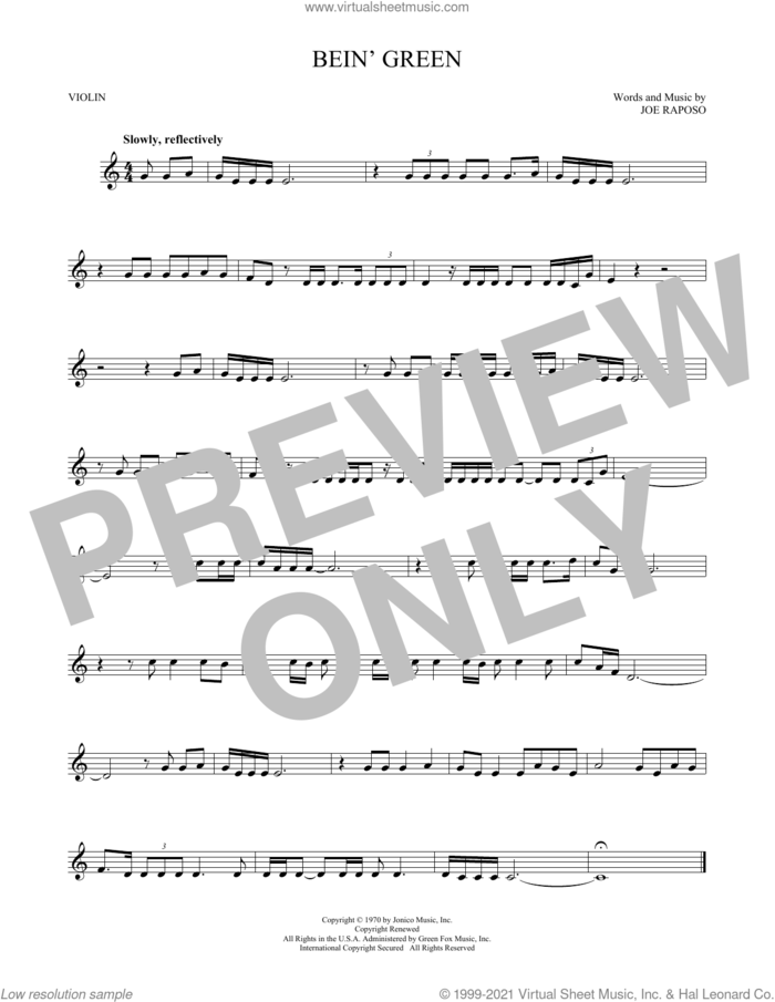 Bein' Green sheet music for violin solo by Kermit The Frog and Joe Raposo, intermediate skill level