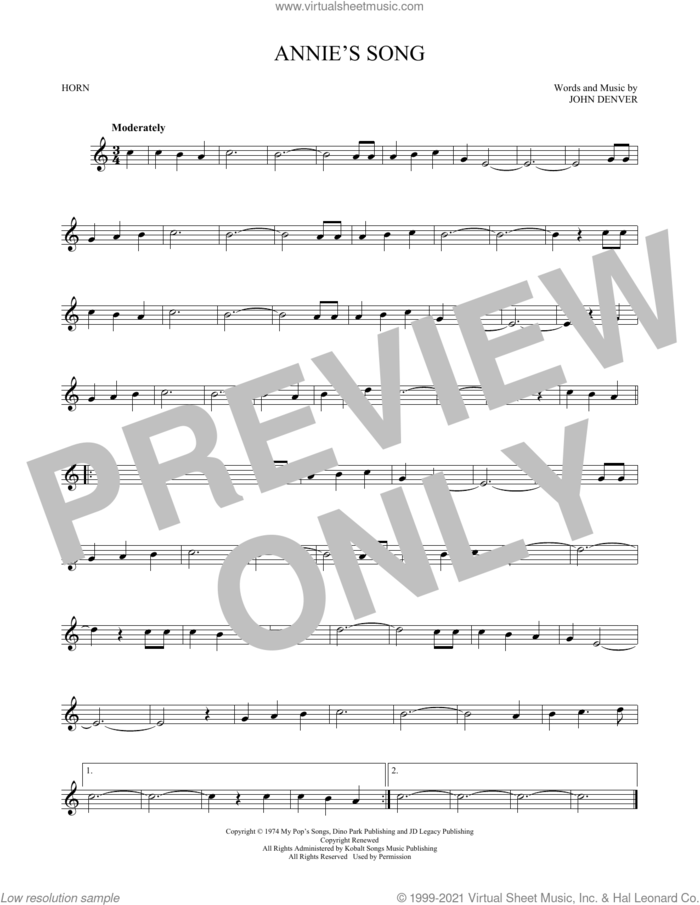 Annie's Song sheet music for horn solo by John Denver, intermediate skill level
