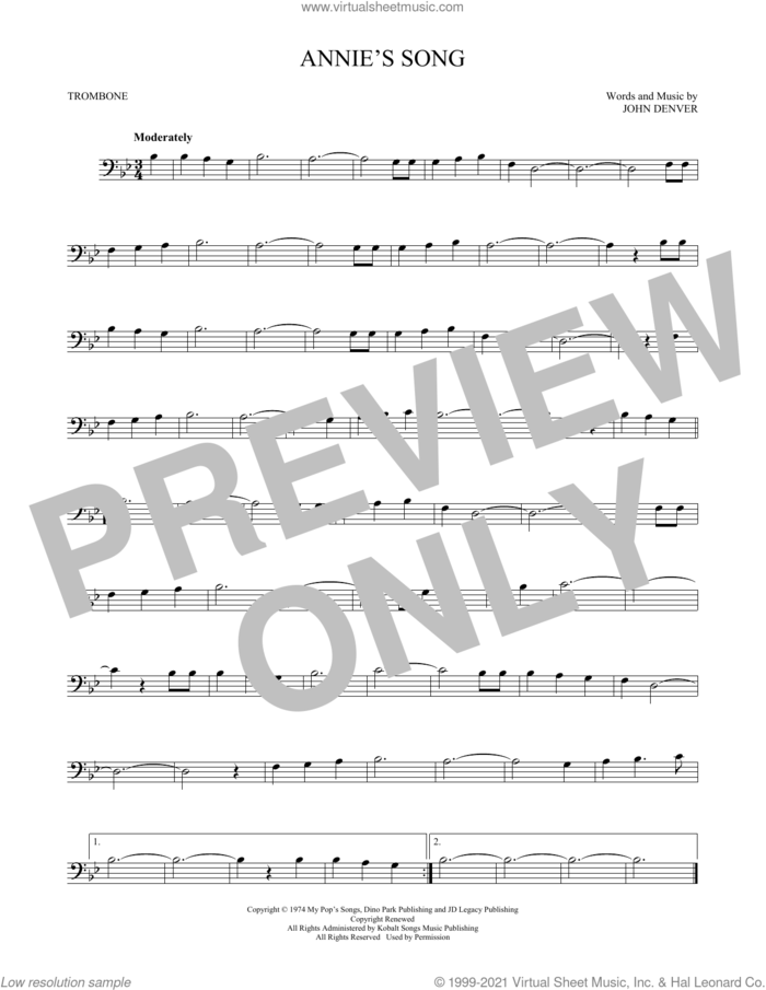 Annie's Song sheet music for trombone solo by John Denver, intermediate skill level