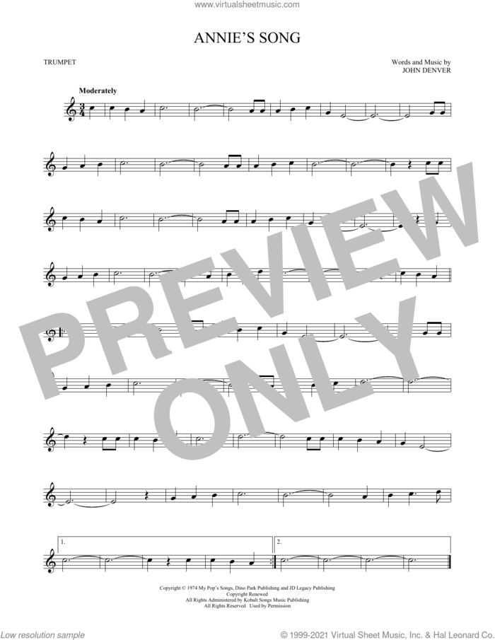 Annie's Song sheet music for trumpet solo by John Denver, intermediate skill level