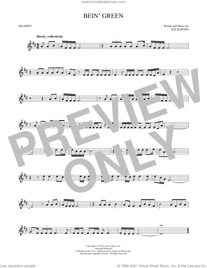 Bein' Green sheet music for trumpet solo by Kermit The Frog and Joe Raposo, intermediate skill level