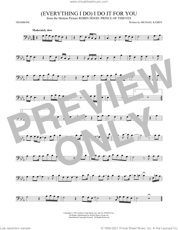 (Everything I Do) I Do It For You sheet music for trombone solo by Bryan Adams, Michael Kamen and Robert John Lange, intermediate skill level