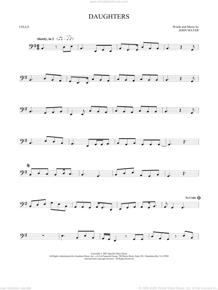 Daughters sheet music for cello solo by John Mayer, intermediate skill level