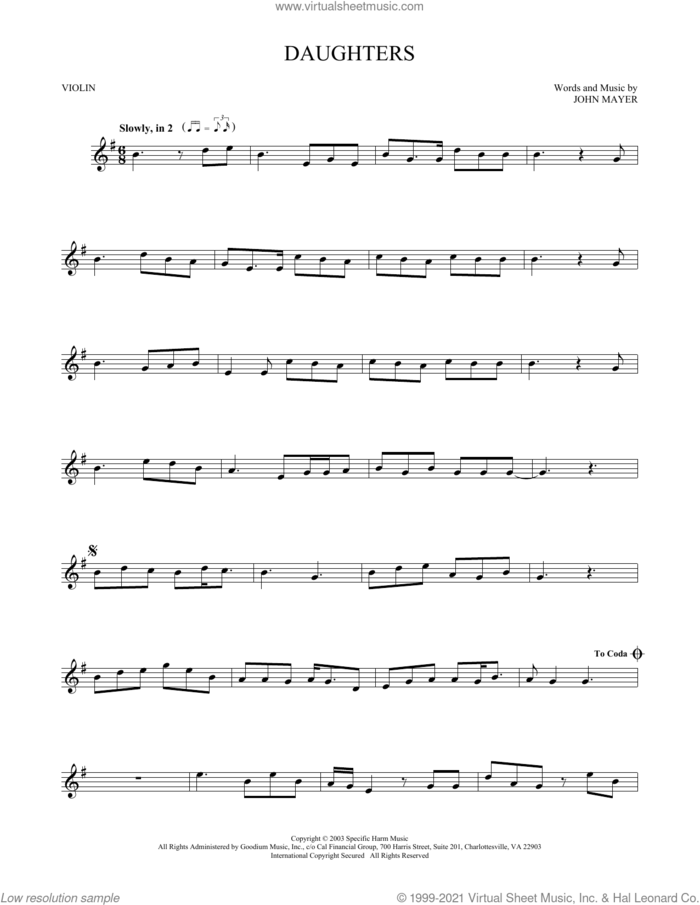 Daughters sheet music for violin solo by John Mayer, intermediate skill level