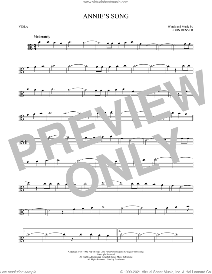 Annie's Song sheet music for viola solo by John Denver, intermediate skill level
