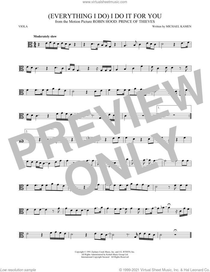 (Everything I Do) I Do It For You sheet music for viola solo by Bryan Adams, Michael Kamen and Robert John Lange, intermediate skill level
