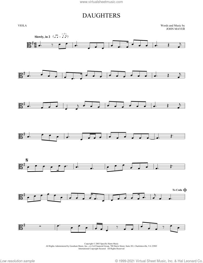 Daughters sheet music for viola solo by John Mayer, intermediate skill level