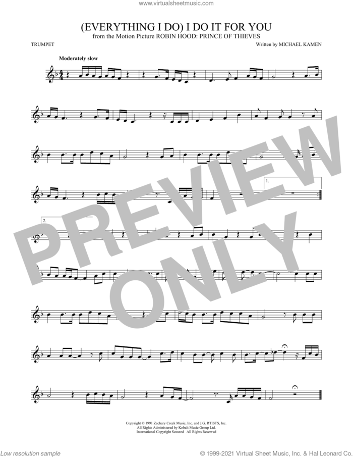 (Everything I Do) I Do It For You sheet music for trumpet solo by Bryan Adams, Michael Kamen and Robert John Lange, intermediate skill level