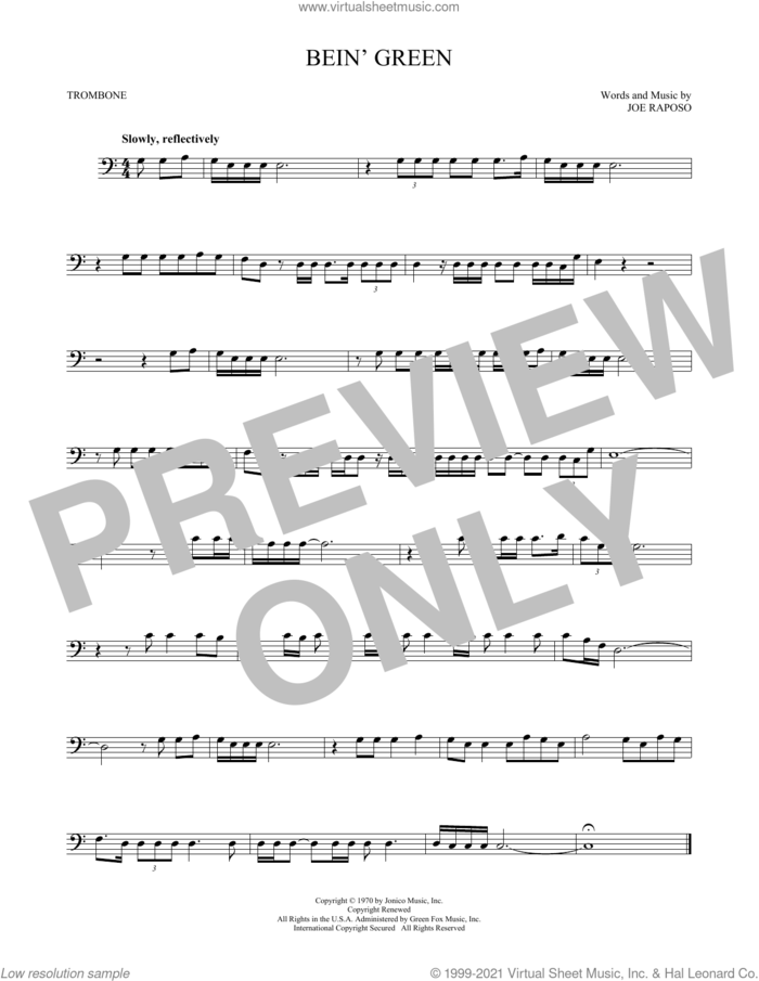 Bein' Green sheet music for trombone solo by Kermit The Frog and Joe Raposo, intermediate skill level