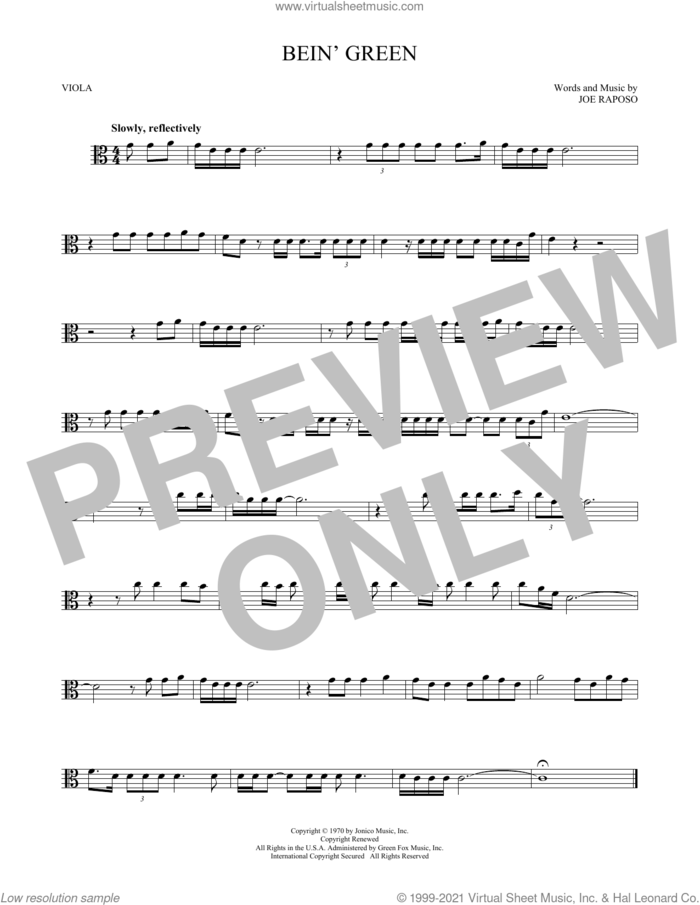 Bein' Green sheet music for viola solo by Kermit The Frog and Joe Raposo, intermediate skill level