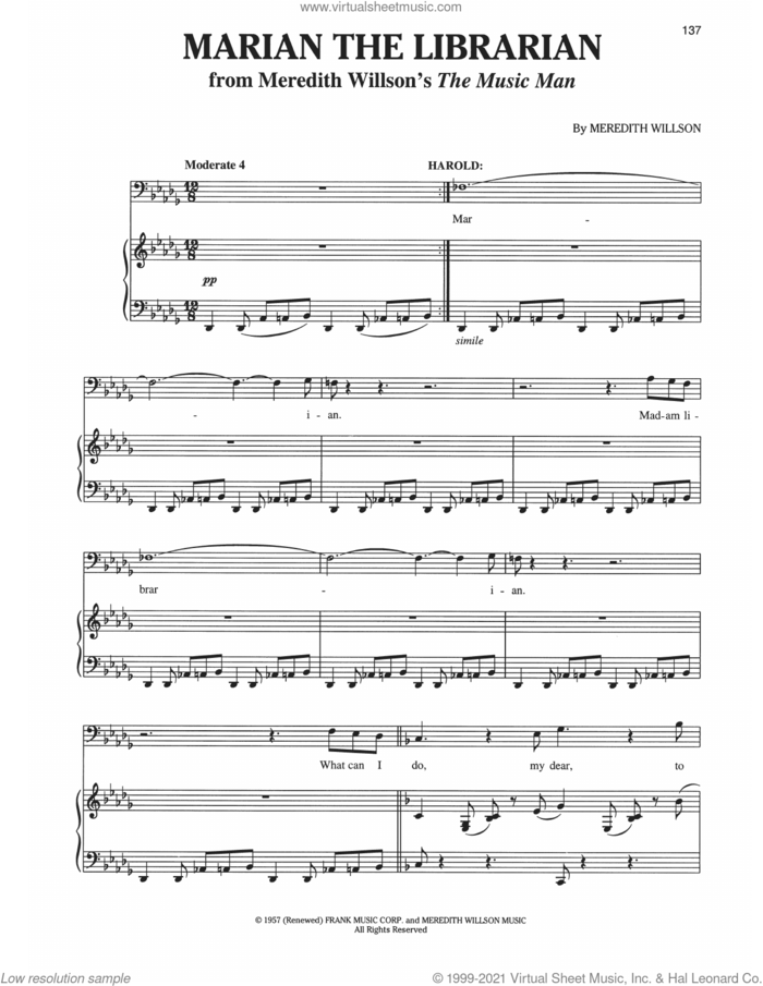 Marian The Librarian (from The Music Man) sheet music for voice and piano by Meredith Willson and Richard Walters, intermediate skill level