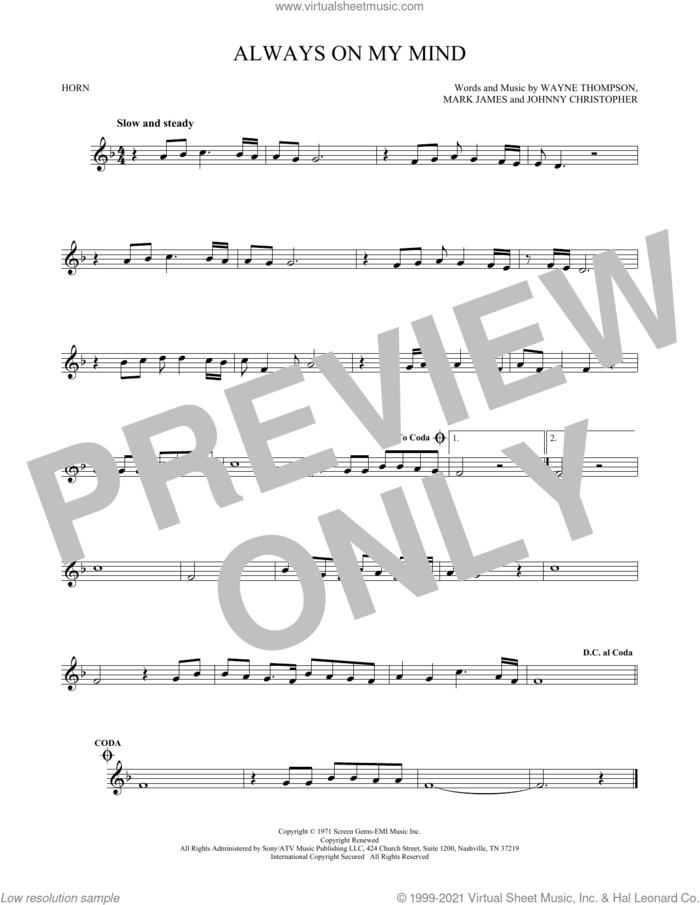Always On My Mind sheet music for horn solo by Willie Nelson, Elvis Presley, Michael Buble, Johnny Christopher, Mark James and Wayne Thompson, intermediate skill level