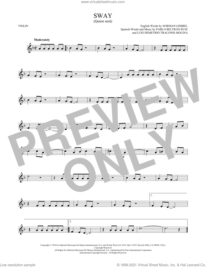 Sway (Quien Sera) sheet music for violin solo by Dean Martin, Luis Demetrio Traconis Molina, Norman Gimbel and Pablo Beltran Ruiz, intermediate skill level