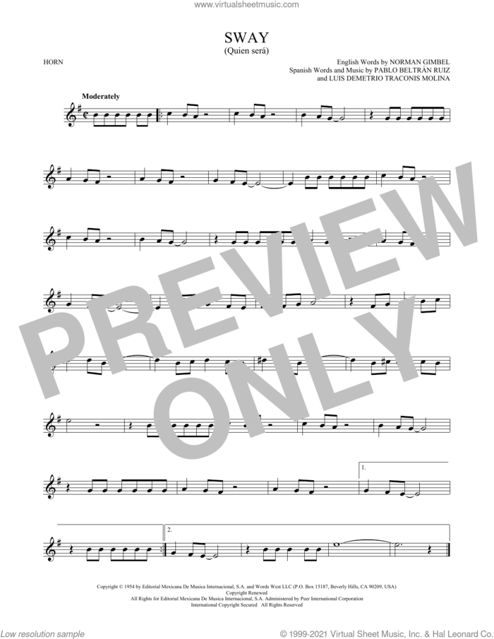 Sway (Quien Sera) sheet music for horn solo by Dean Martin, Luis Demetrio Traconis Molina, Norman Gimbel and Pablo Beltran Ruiz, intermediate skill level