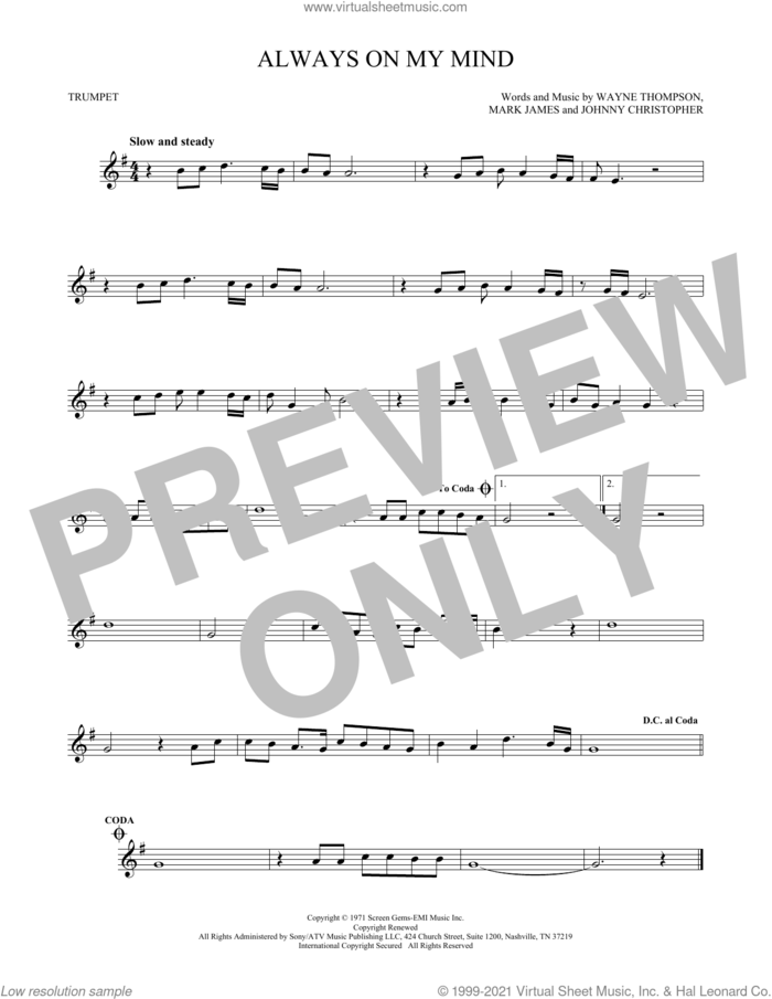 Always On My Mind sheet music for trumpet solo by Willie Nelson, Elvis Presley, Michael Buble, Johnny Christopher, Mark James and Wayne Thompson, intermediate skill level