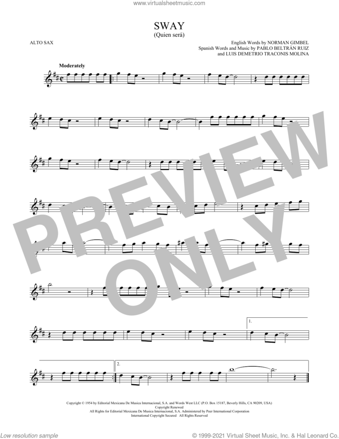 Sway (Quien Sera) sheet music for alto saxophone solo by Dean Martin, Luis Demetrio Traconis Molina, Norman Gimbel and Pablo Beltran Ruiz, intermediate skill level