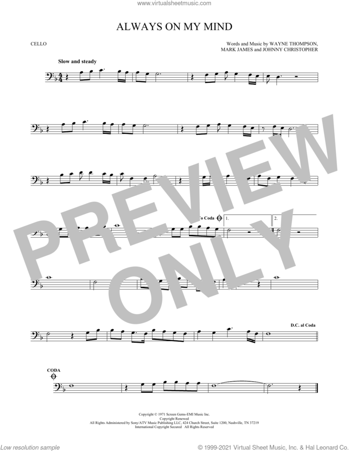 Always On My Mind sheet music for cello solo by Willie Nelson, Elvis Presley, Michael Buble, Johnny Christopher, Mark James and Wayne Thompson, intermediate skill level