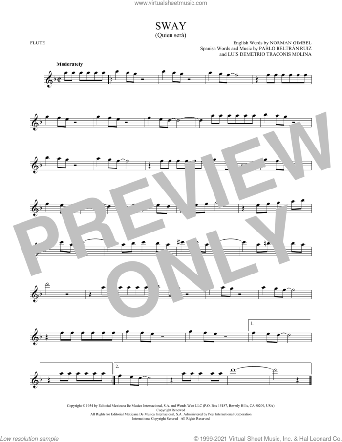 Sway (Quien Sera) sheet music for flute solo by Dean Martin, Luis Demetrio Traconis Molina, Norman Gimbel and Pablo Beltran Ruiz, intermediate skill level