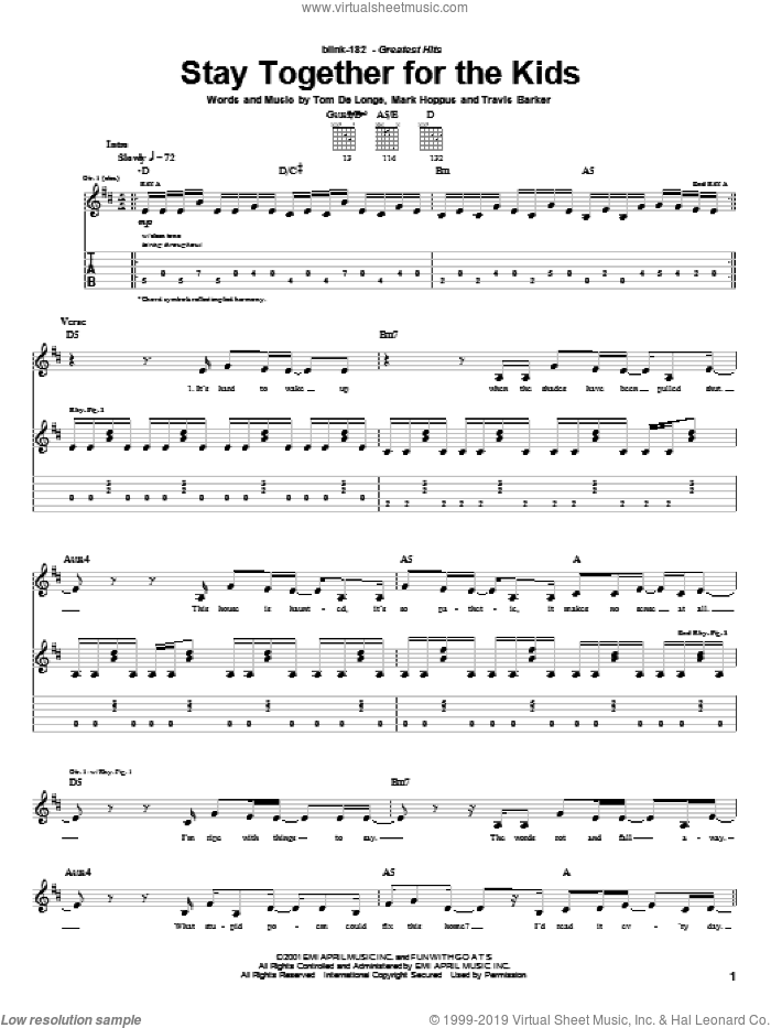Stay Together For The Kids sheet music for guitar (tablature) by Blink-182, Mark Hoppus, Tom DeLonge and Travis Barker, intermediate skill level
