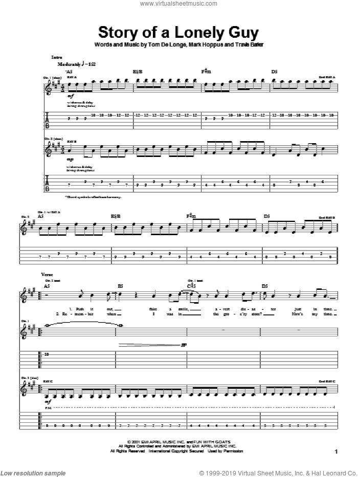 Story Of A Lonely Guy sheet music for guitar (tablature) by Blink-182, Mark Hoppus, Tom DeLonge and Travis Barker, intermediate skill level
