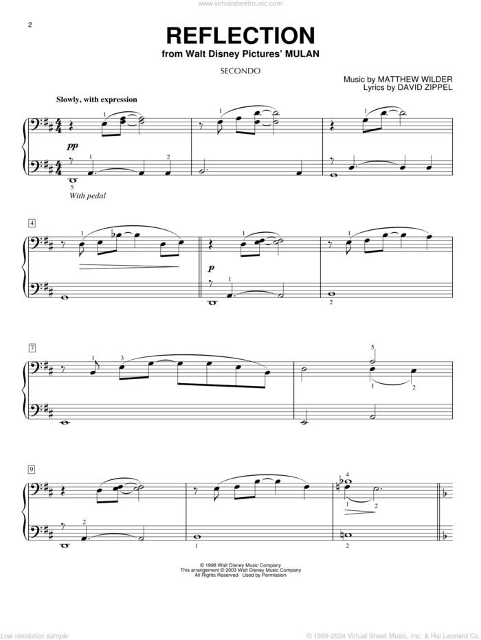 Reflection (from Mulan) sheet music for piano four hands by David Zippel, Mulan (Movie) and Matthew Wilder & David Zippel and Matthew Wilder, intermediate skill level