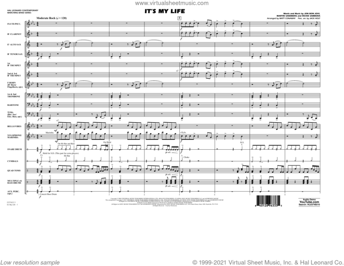 It's My Life (arr. Conaway and Holt) (COMPLETE) sheet music for marching band by Bon Jovi, Jack Holt, Martin Sandberg, Matt Conaway and Richie Sambora, intermediate skill level
