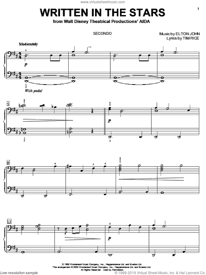 Written In The Stars (from Aida) sheet music for piano four hands by Elton John, Aida (Musical), LeAnn Rimes and Tim Rice, intermediate skill level