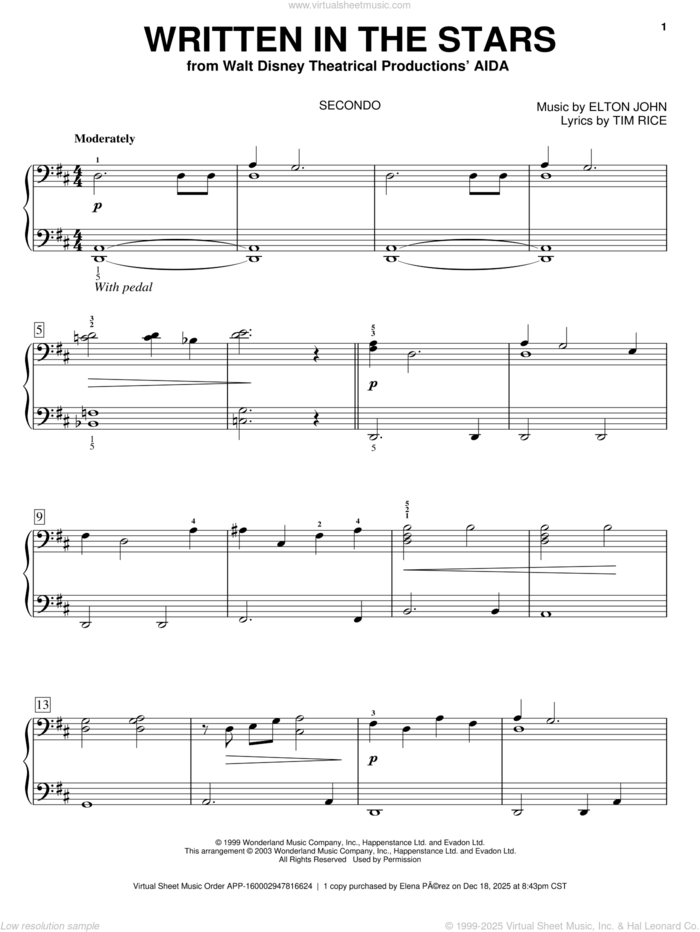 Written In The Stars (from Aida) sheet music for piano four hands by Elton John, Aida (Musical), LeAnn Rimes and Tim Rice, intermediate skill level