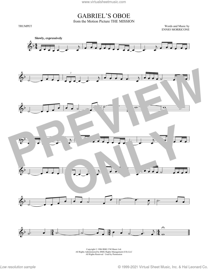 Gabriel's Oboe sheet music for trumpet solo by Ennio Morricone, intermediate skill level