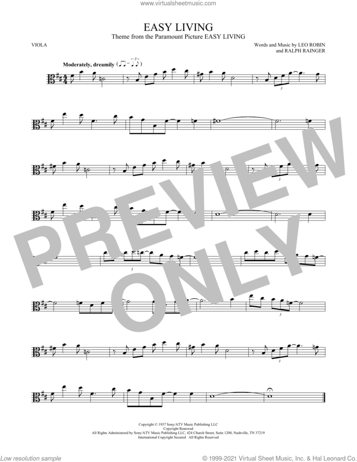 Easy Living sheet music for viola solo by Billie Holiday, Leo Robin and Ralph Rainger, intermediate skill level