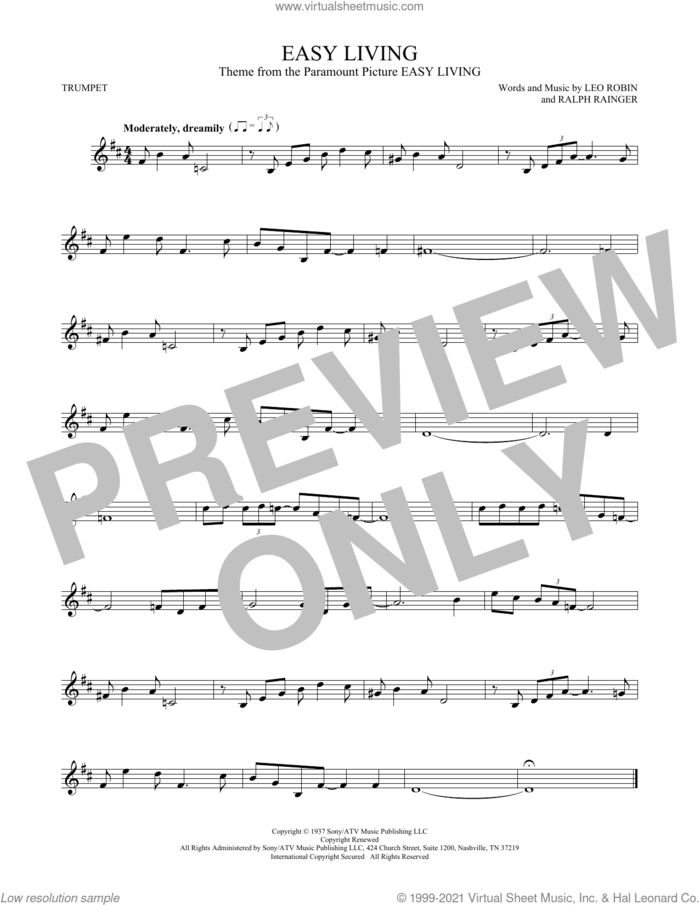 Easy Living sheet music for trumpet solo by Billie Holiday, Leo Robin and Ralph Rainger, intermediate skill level
