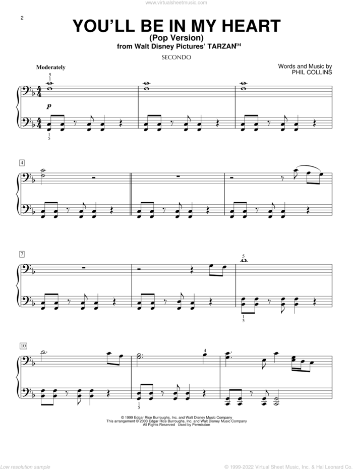 You'll Be In My Heart (Pop Version) (from Tarzan) sheet music for piano four hands by Phil Collins, intermediate skill level