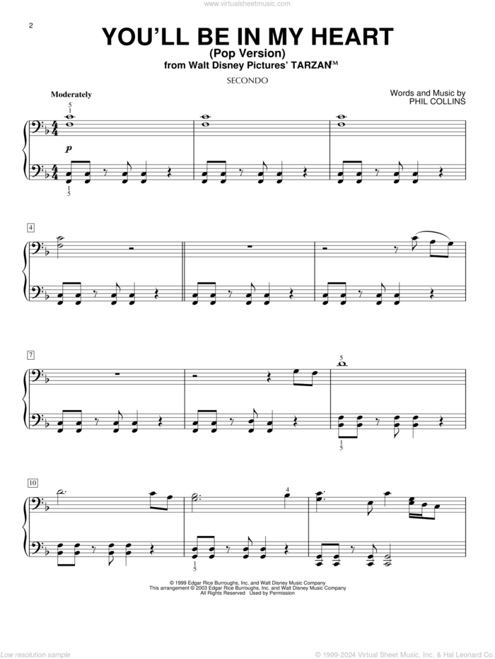 You'll Be In My Heart (Pop Version) (from Tarzan) sheet music for piano four hands by Phil Collins, intermediate skill level