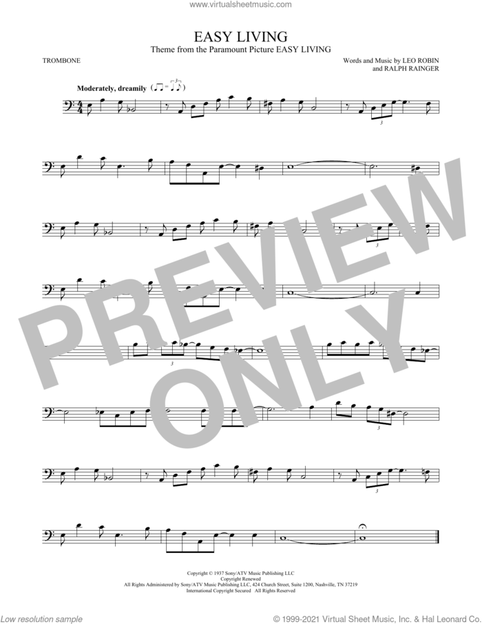 Easy Living sheet music for trombone solo by Billie Holiday, Leo Robin and Ralph Rainger, intermediate skill level