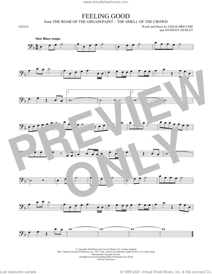 Feeling Good sheet music for cello solo by Leslie Bricusse, Michael Buble and Anthony Newley, intermediate skill level