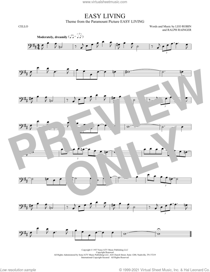Easy Living sheet music for cello solo by Billie Holiday, Leo Robin and Ralph Rainger, intermediate skill level