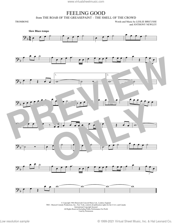 Feeling Good sheet music for trombone solo by Leslie Bricusse, Michael Buble and Anthony Newley, intermediate skill level