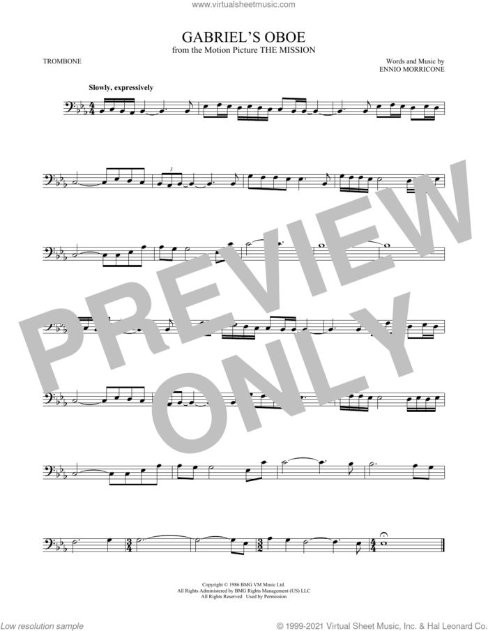 Gabriel's Oboe sheet music for trombone solo by Ennio Morricone, intermediate skill level