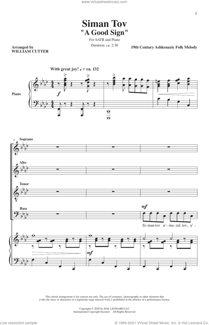 Siman Tov (A Good Sign) sheet music for choir (SATB: soprano, alto, tenor, bass) by William Cutter, intermediate skill level