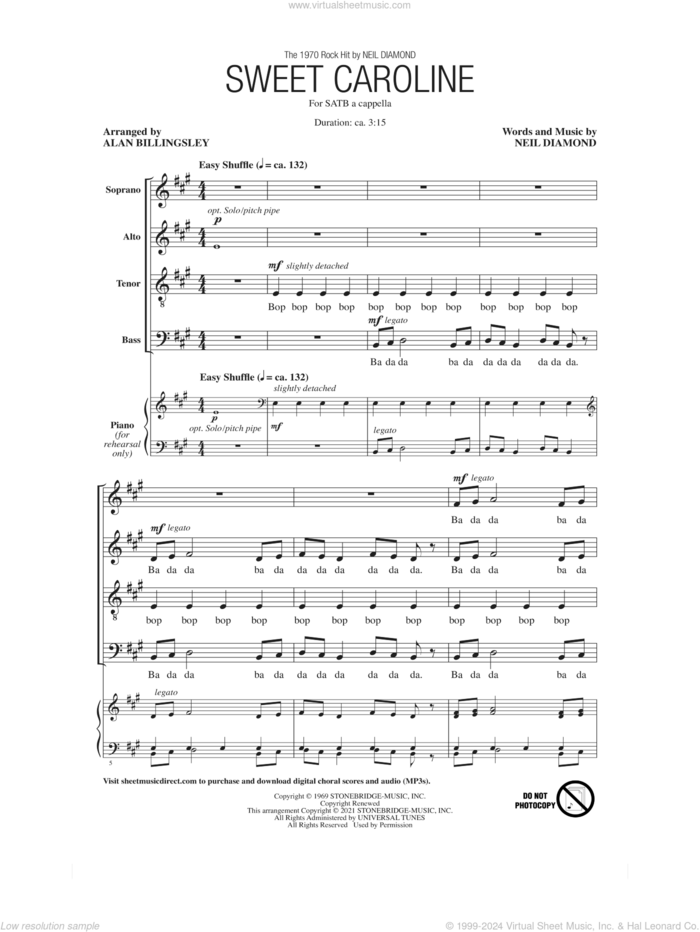 Sweet Caroline (arr. Alan Billingsley) sheet music for choir (SATB: soprano, alto, tenor, bass) by Neil Diamond and Alan Billingsley, intermediate skill level