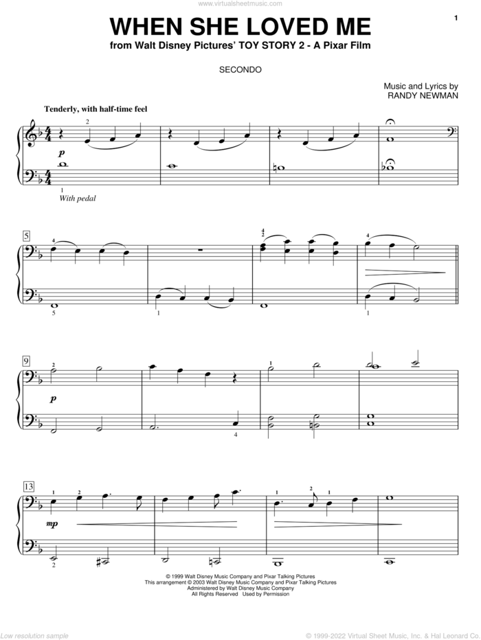 When She Loved Me (from Toy Story 2) sheet music for piano four hands by Sarah McLachlan, Toy Story 2 (Movie) and Randy Newman, intermediate skill level