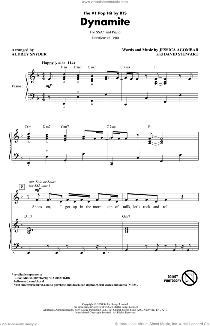 Dynamite (arr. Audrey Snyder) sheet music for choir (SSA: soprano, alto) by BTS, Audrey Snyder, Dave Stewart and Jessica Agombar, intermediate skill level