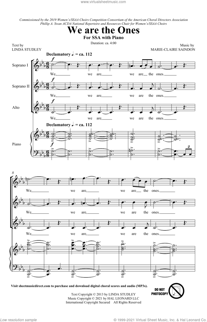 We Are The Ones sheet music for choir (SSA: soprano, alto) by Marie-Claire Saindon and Linda Studley and Marie-Claire Saindon and Linda Studley, intermediate skill level