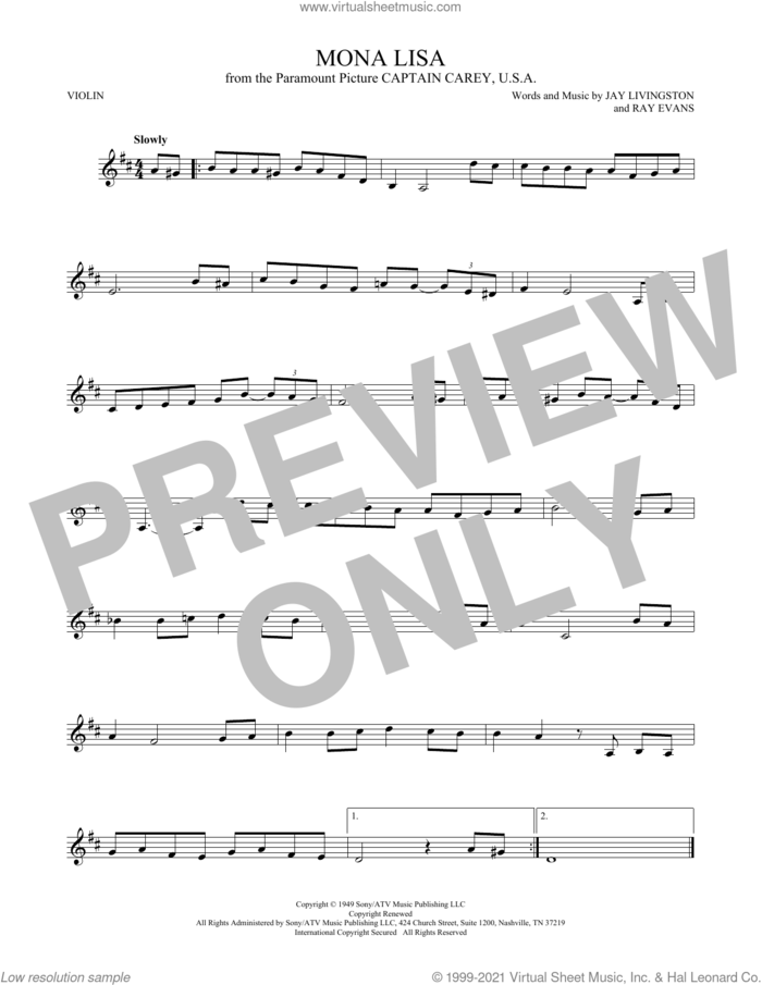 Mona Lisa sheet music for violin solo by Nat King Cole, Jay Livingston and Ray Evans, intermediate skill level