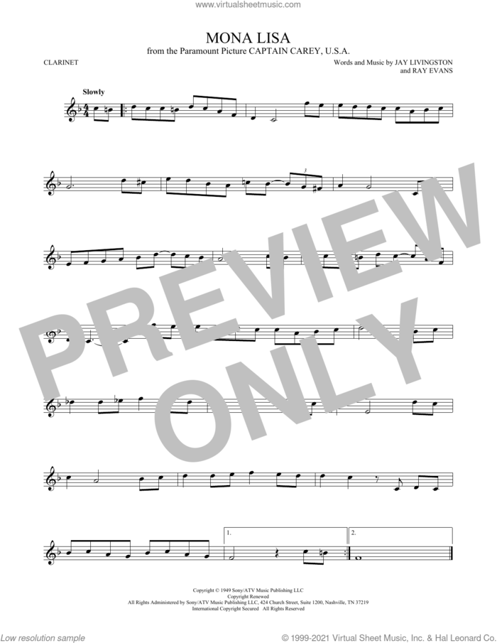 Mona Lisa sheet music for clarinet solo by Nat King Cole, Jay Livingston and Ray Evans, intermediate skill level