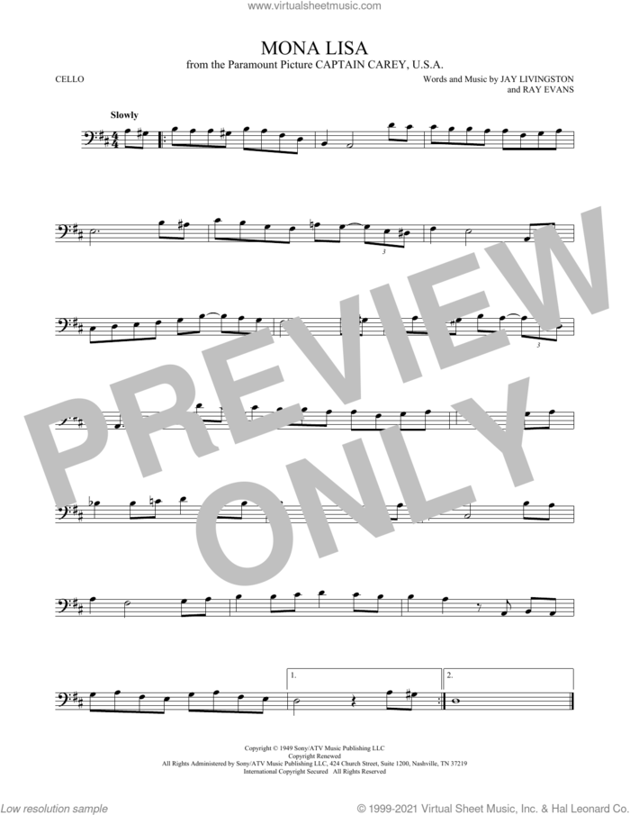 Mona Lisa sheet music for cello solo by Nat King Cole, Jay Livingston and Ray Evans, intermediate skill level